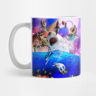 Rainbow Galaxy Cat Riding Shark In Space Mug